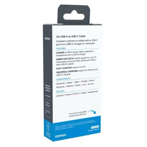 Power Cable USB-A To USB-C Comsol 2m