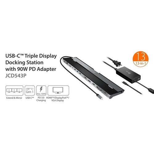 j5create USB-C Triple Display Dock Station w/100W PD Adapter