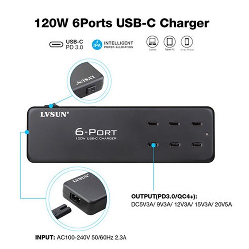 LVSUN 6 Port USB-C Intelligent Charger 120W